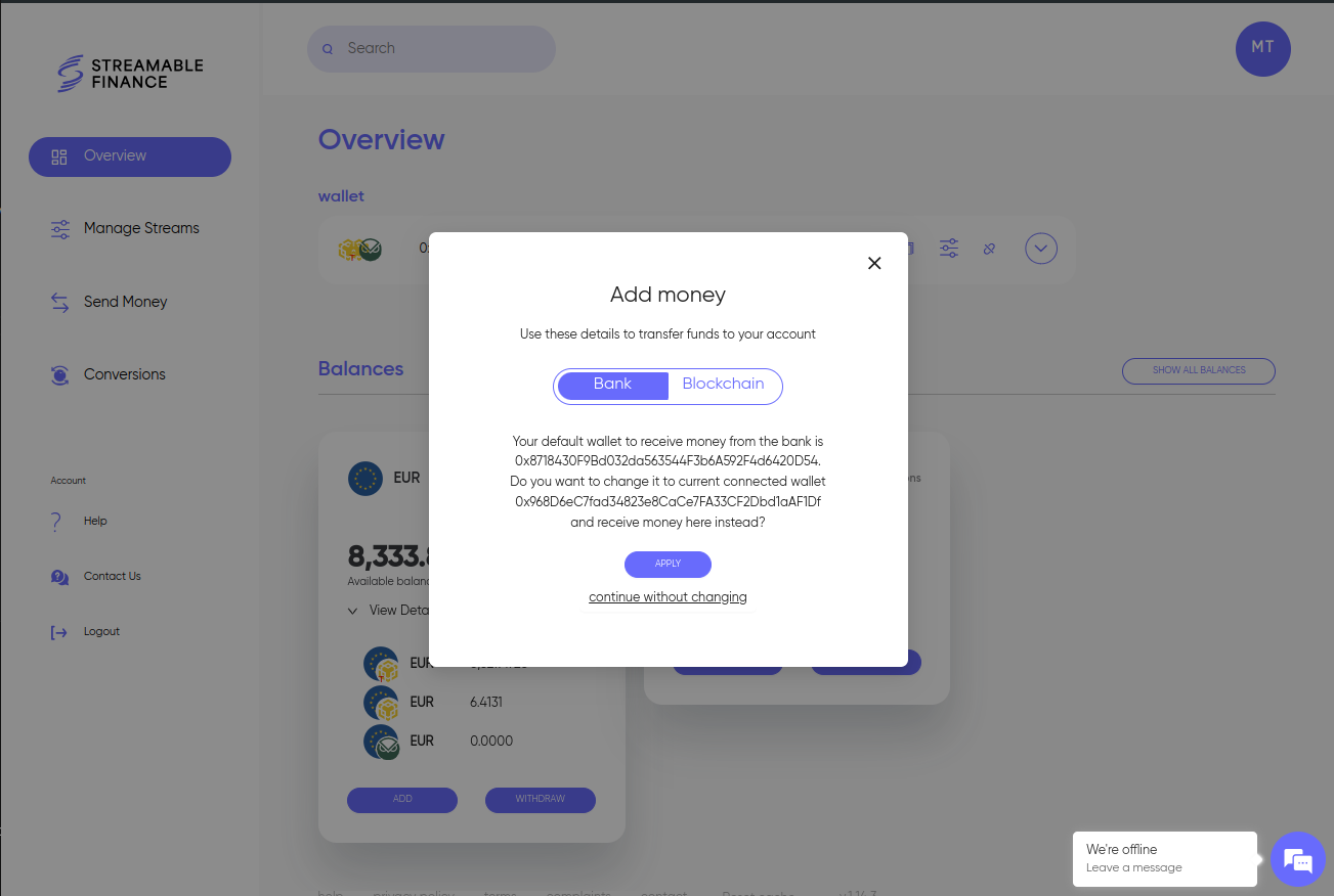 Add money to a wallet different than default wallet