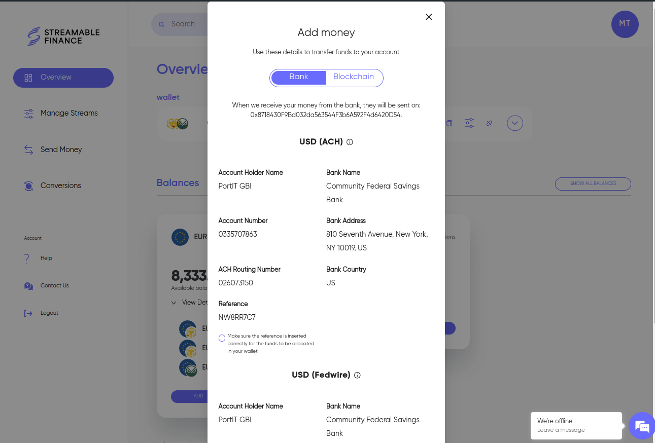 Add money, bank transfer instructions